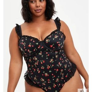 Torrid Black Cherries Ruffle Trim Back Bow Underwire Bodysuit, size 3